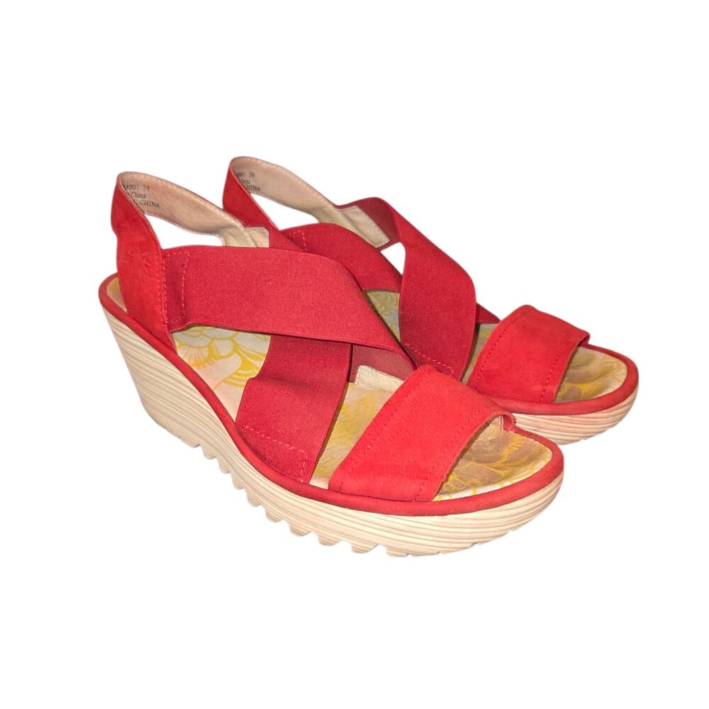 Fly London Yaji Women's Sz EU 38/US 7.5-8 Red Suede Stretch Strap Heeled Sandals